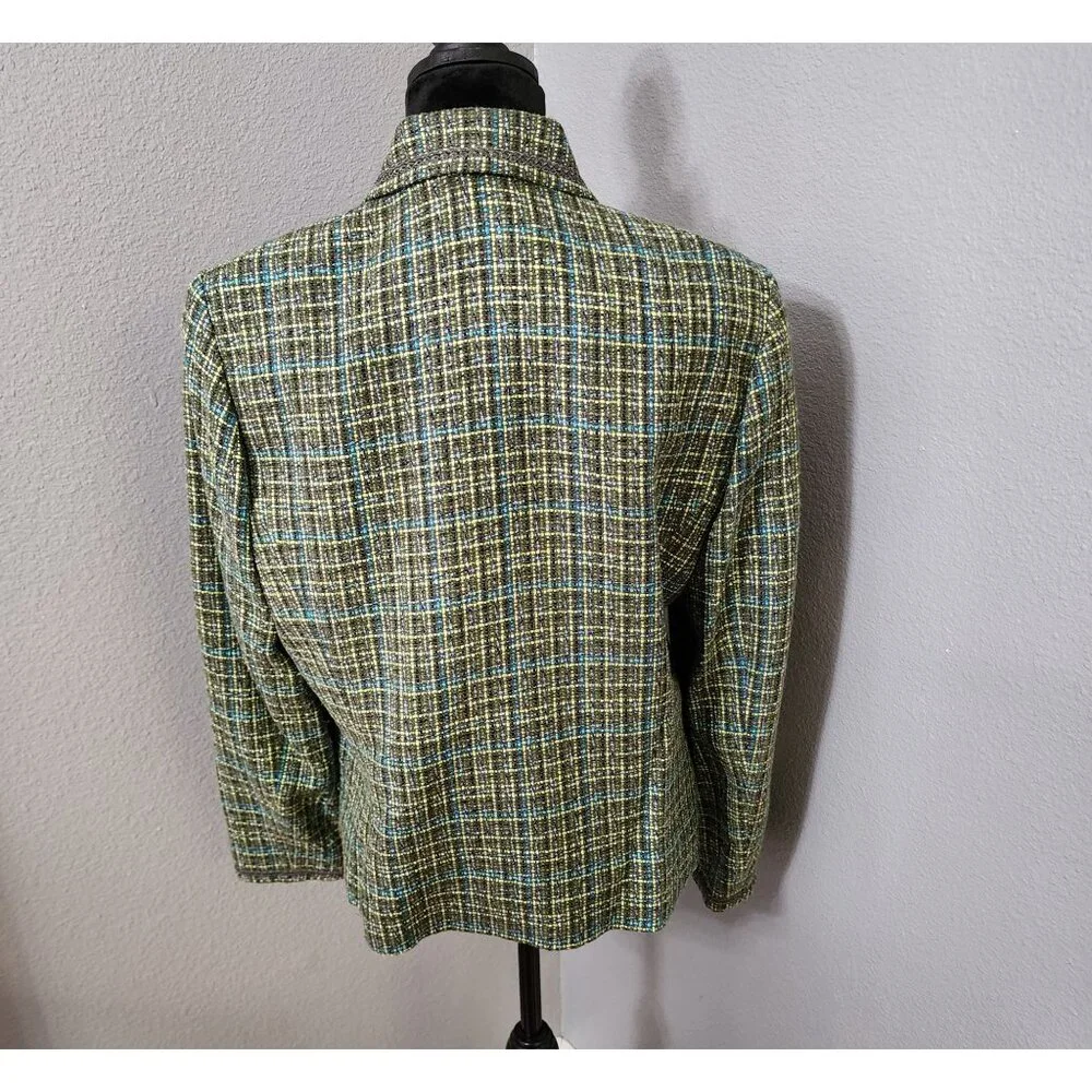 JM‎ Collection Womens Tweed Button-Up Blazer Size 12 Green Blue Pockets Lined
